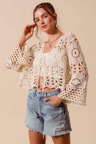 FLORAL PATTERN CROCHET KNIT TIE FRONT CROP CARDIGA