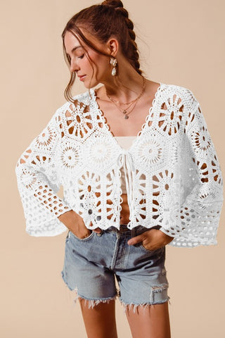 FLORAL PATTERN CROCHET KNIT TIE FRONT CROP CARDIGA