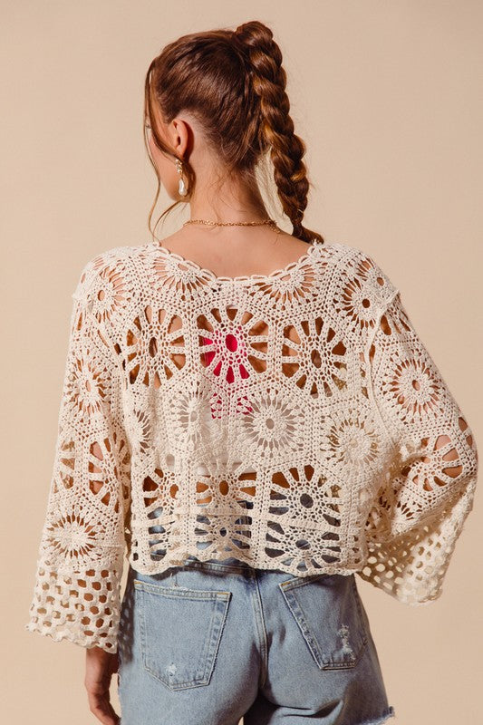 FLORAL PATTERN CROCHET KNIT TIE FRONT CROP CARDIGA