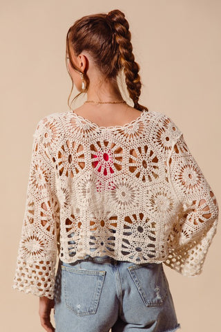 FLORAL PATTERN CROCHET KNIT TIE FRONT CROP CARDIGA