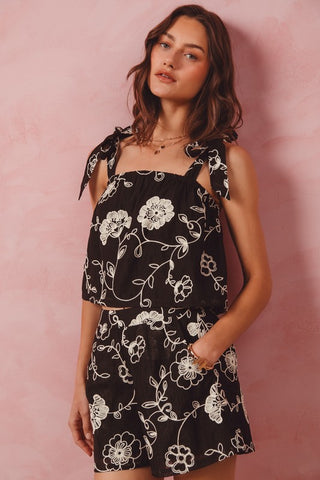 FLORAL EMBROIDERED TANK TOP AND SHORTS SET