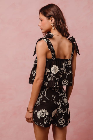 FLORAL EMBROIDERED TANK TOP AND SHORTS SET