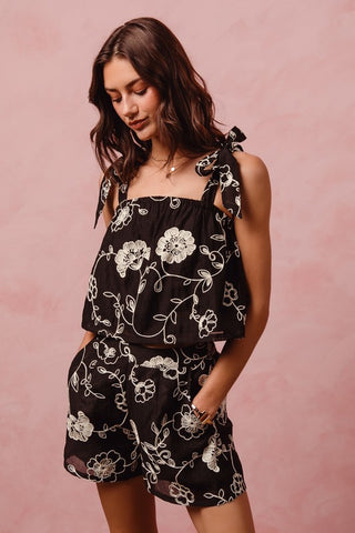 FLORAL EMBROIDERED TANK TOP AND SHORTS SET