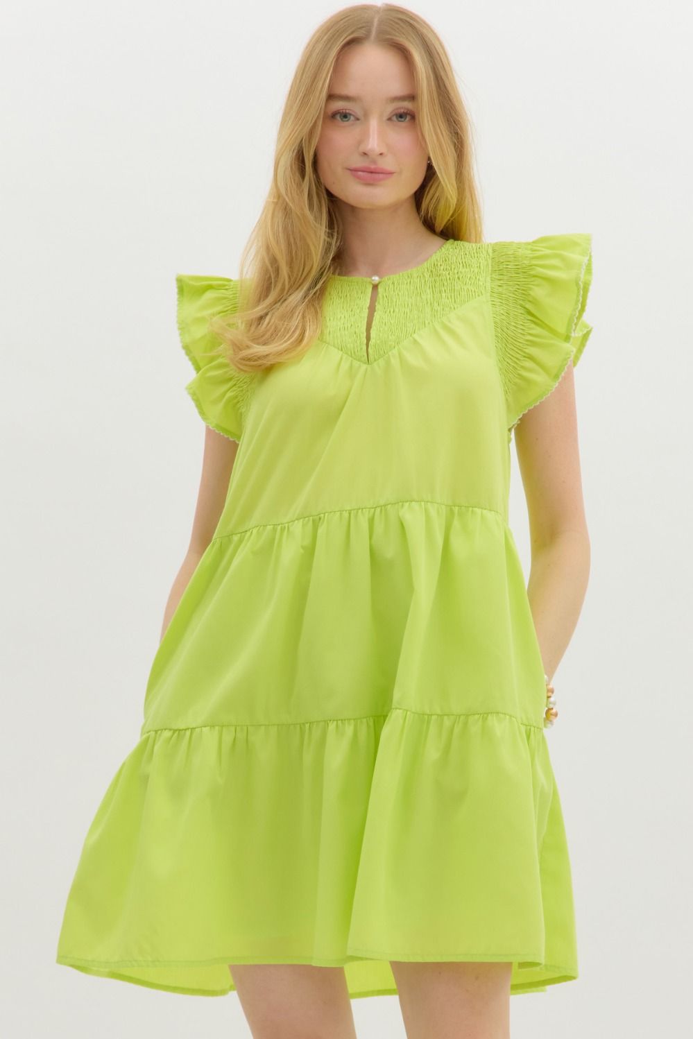 Solid picot edge smocked flutter sleeve tiered mini dress