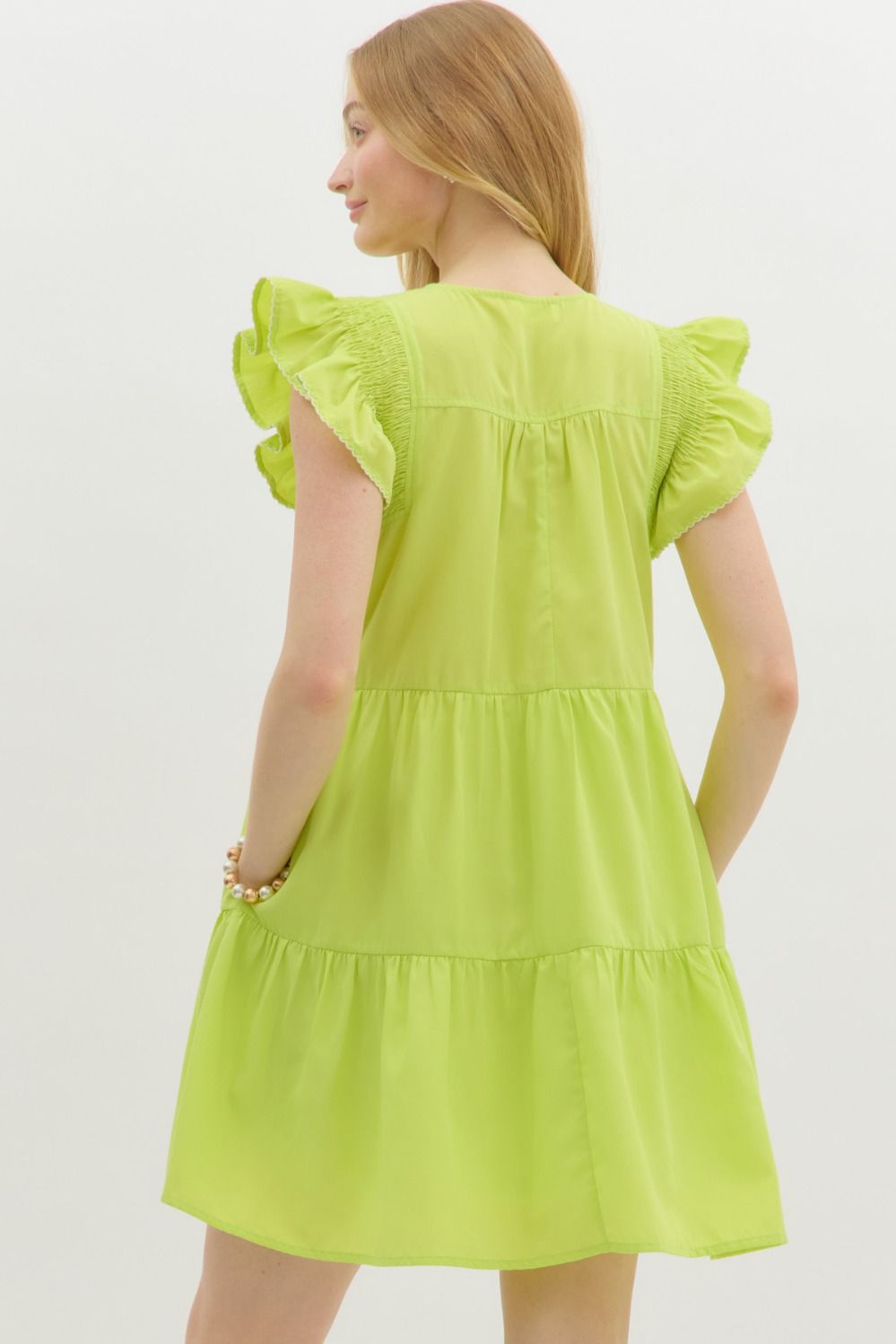 Solid picot edge smocked flutter sleeve tiered mini dress