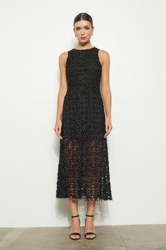 Self-Tie Crochet Lace Sleeveless Midi Dress