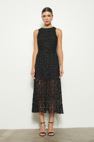Self-Tie Crochet Lace Sleeveless Midi Dress