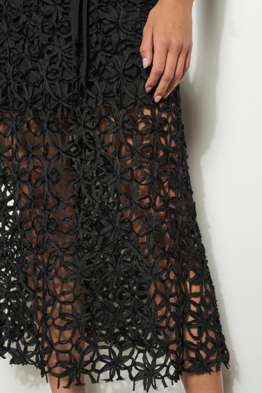 Self-Tie Crochet Lace Sleeveless Midi Dress
