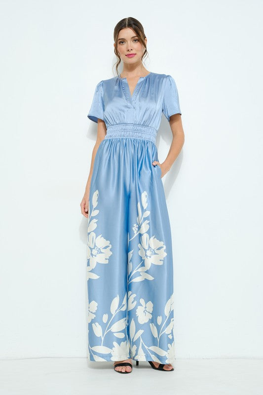 V Neck Leaf Printed Wide Jumpsuit