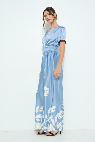 V Neck Leaf Printed Wide Jumpsuit