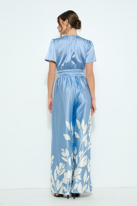 V Neck Leaf Printed Wide Jumpsuit