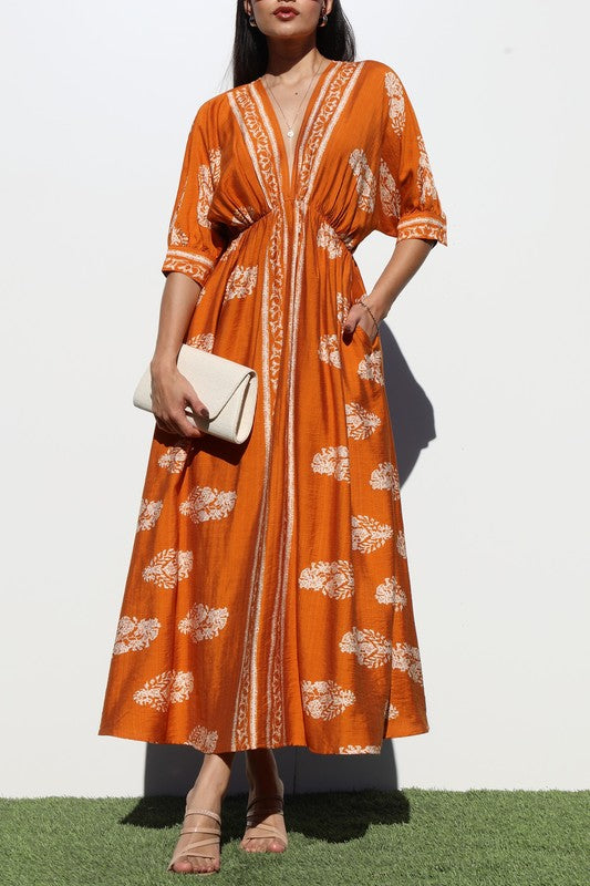 BORDER PRINTED WOVEN MIDI DRESS