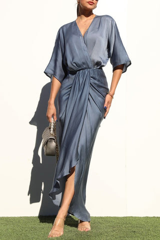V NECK WOVEN RUCHED MIDI DRESS