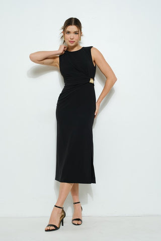 Sleeveless Draped Gold Accent Midi Dress