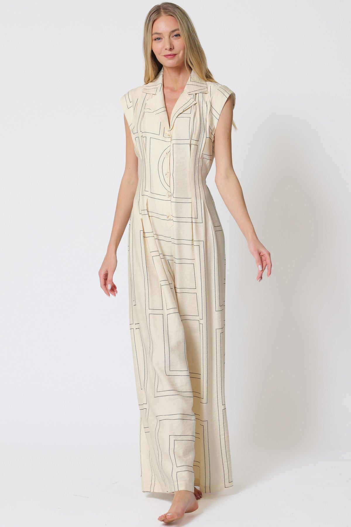 Sleeveless Button Down Elastic Jumpsuit