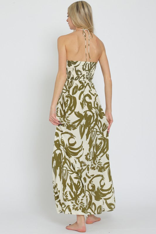 Halter Smocked Top Tie Front Waisted Maxi Dress