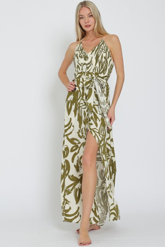 Halter Smocked Top Tie Front Waisted Maxi Dress