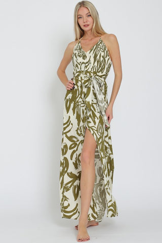 Halter Smocked Top Tie Front Waisted Maxi Dress