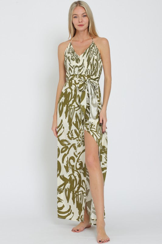 Halter Smocked Top Tie Front Waisted Maxi Dress