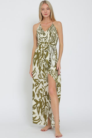 Halter Smocked Top Tie Front Waisted Maxi Dress