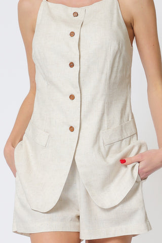 Sleeveless Button Down Vest Top & Shorts Set