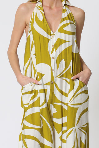 Button Down Backless Elastic Back Waisted Jumpsuit