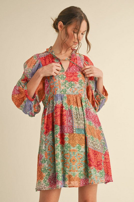 Multicolor Print 3/4 Sleeves Dress Curvy