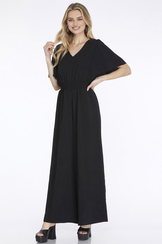 Flounce Sleeve Waist Smock Wide Leg Woven Jumpsuit