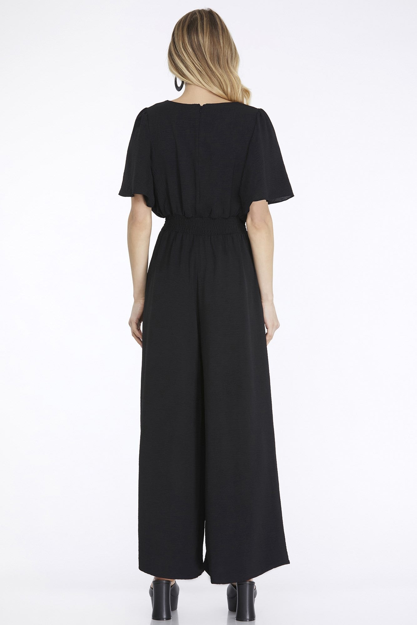Flounce Sleeve Waist Smock Wide Leg Woven Jumpsuit