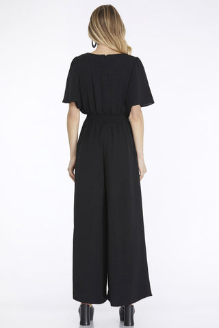 Flounce Sleeve Waist Smock Wide Leg Woven Jumpsuit