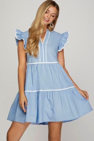 RUFFLE SLEEVE TIERED WOVEN DRESS