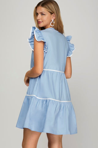 RUFFLE SLEEVE TIERED WOVEN DRESS