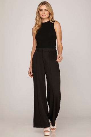Wide Leg Woven Pintuck Detailing Tailored Pants