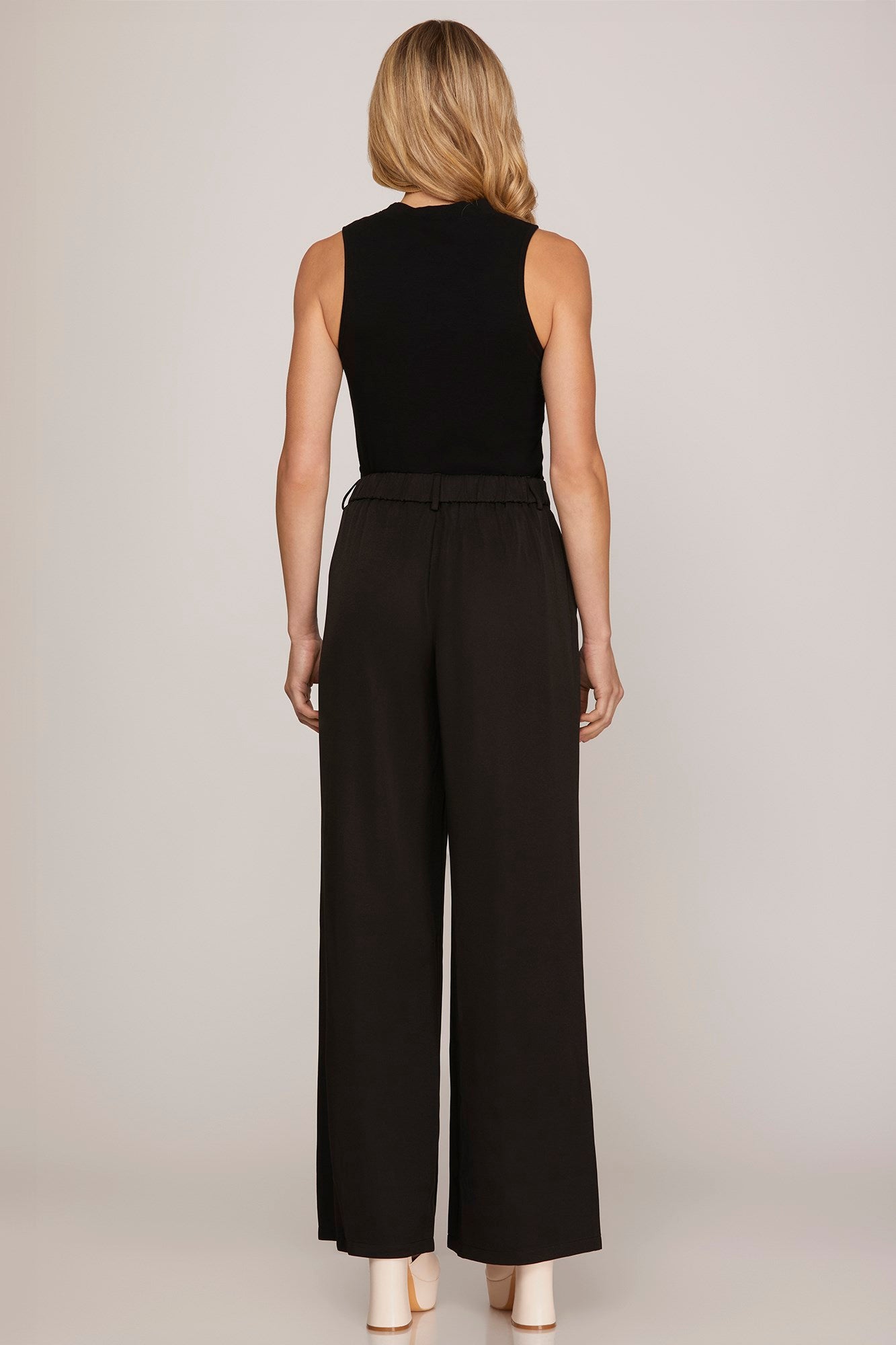 Wide Leg Woven Pintuck Detailing Tailored Pants