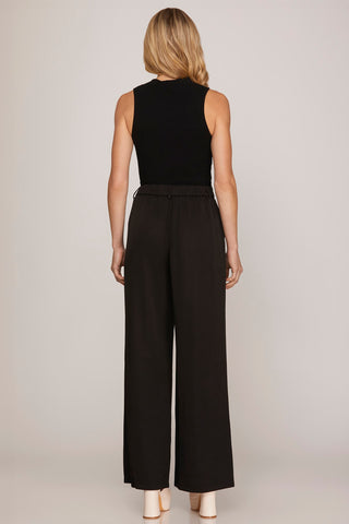 Wide Leg Woven Pintuck Detailing Tailored Pants