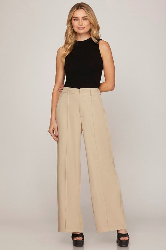Wide Leg Woven Pintuck Detailing Tailored Pants