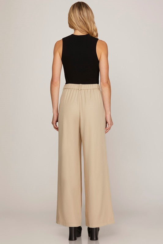 Wide Leg Woven Pintuck Detailing Tailored Pants