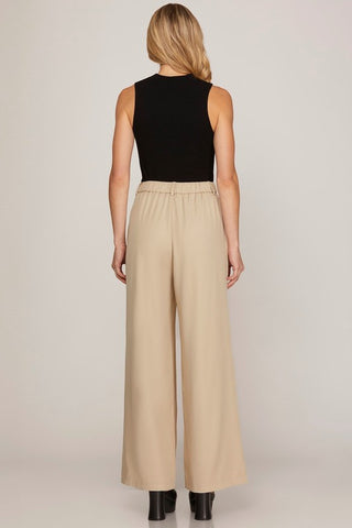 Wide Leg Woven Pintuck Detailing Tailored Pants
