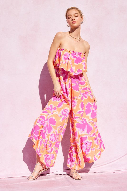 Printed Wide Leg Tube Jumpsuit