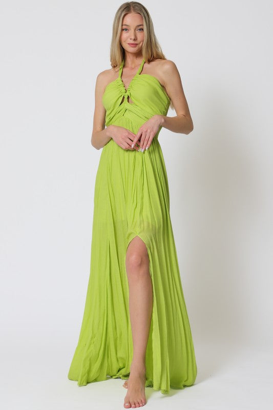 Halter Cut-out Front Chest Smocked Maxi Dress