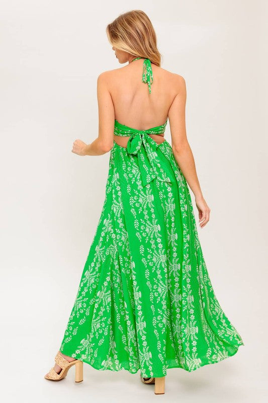A printed woven maxi dress featuring halter neckline