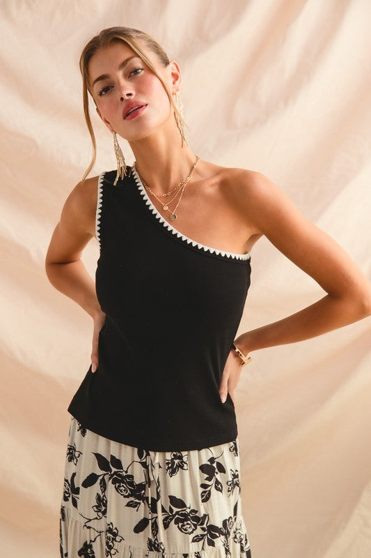 One Shoulder Contrast Stitch Detail Tank Knit Top