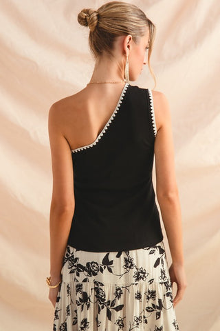 One Shoulder Contrast Stitch Detail Tank Knit Top