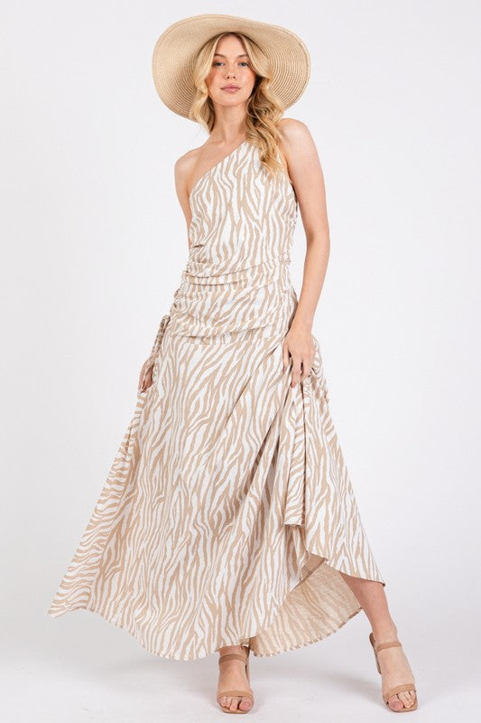 Women Woven Zebra Print One Shoulder Sleeveless Maxi Dress