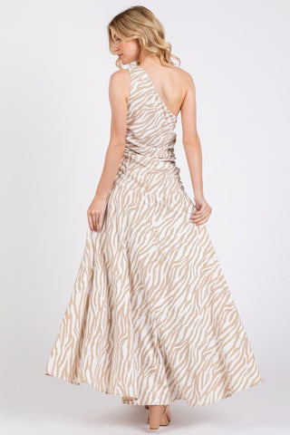 Women Woven Zebra Print One Shoulder Sleeveless Maxi Dress