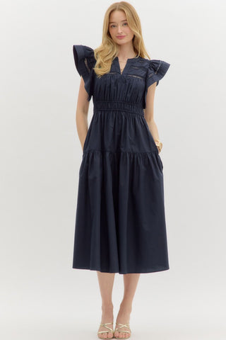 Solid flutter sleeve split V-neck pullover tiered midi dress