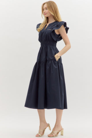 Solid flutter sleeve split V-neck pullover tiered midi dress