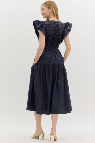 Solid flutter sleeve split V-neck pullover tiered midi dress