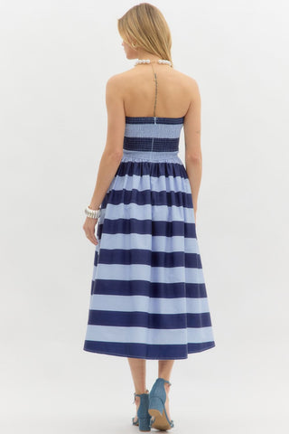 Stripe print strapless pleated midi dress