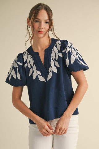 Leaf Embroidered Puffed Sleeves Top